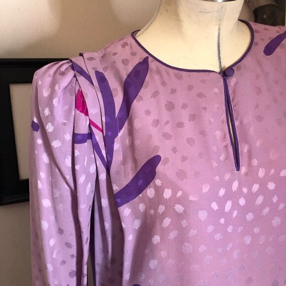 Vintage 80s Flora Kung Sheath‎ Dress Purple Silk Retro Glam Puff Shoulder - Picture 4 of 9
